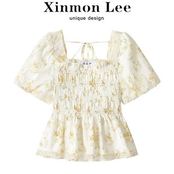 XinmonLee法式甜美氣質碎花泡泡袖襯衫夏季女洋氣獨特別致短上衣