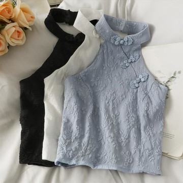 復古中國風盤扣掛脖短款小背心女2025新款修身顯瘦繡花美背吊帶衫