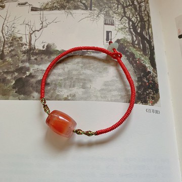 手作 暮煙常故。天然南紅瑪瑙桶珠復古編織手繩 手鏈原創古風