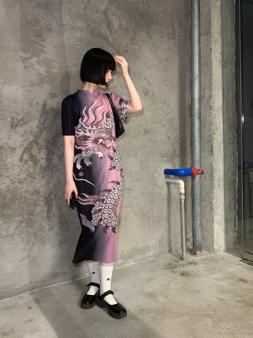 新中式銀龍印花壓褶旗袍領連衣裙