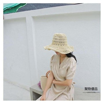 草帽女夏小清新蕾絲系帶漁夫帽韓版百搭甜美可愛度假帽子【聚物優品】
