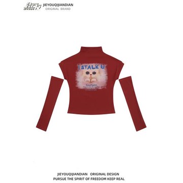 甜辣妹風短袖彈力T恤vintage復古貓咪印花修身顯瘦帶袖套短款上衣