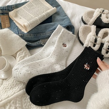 新品 襪子女 春夏新款 韓國ins 女襪 點子紗 羊毛中筒襪 可愛小狗 刺繡小動物