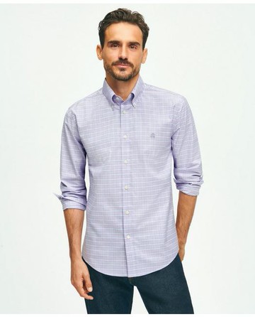 Brooks Brothers Men's Stretch Cotton Non-Iron Oxford Polo Button Down Collar, Checked Shirt | Lavender | Size Large