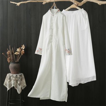 春夏漢服中國風禪意女裝改良旗袍仙氣長裙中式茶藝服采耳師工作服