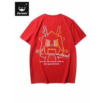 KERWATS可維斯品牌大碼男女情侶無性別涂鴉小龍印花紅色短袖T恤