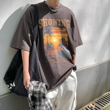 『1068』SHOWING 風景 夕陽 椰子樹 照片 框框 短袖Tee【A86700】