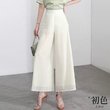 初色 式盤扣高腰開衩闊腿休閒褲寬褲九分長褲-共3色-12014(M-2XL可選)