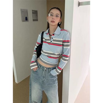 幾多芝MUCHZHI  百搭條紋polo衫秋季新款時尚通勤長袖上衣T460#