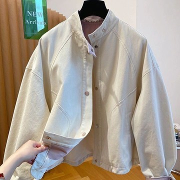 外套 夾克 上衣 寬鬆外套 (面料不是牛仔)高級立領工裝棉夾克外套春秋春秋裝新款寬鬆