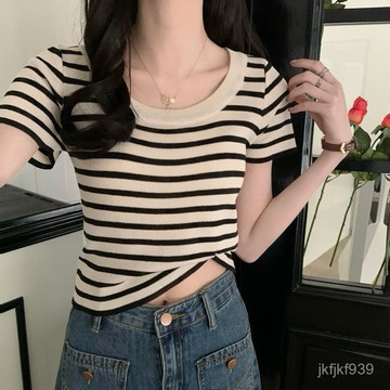 短袖t恤 女裝 顯瘦上衣 衣服 寬鬆上衣 圓領上衣 韓版 法式黑白條紋正肩方領短袖T恤女新款夏季小個子修身短款上衣