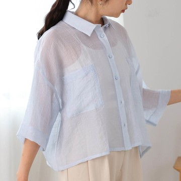 日本 Bab - 透膚感清爽短版五分袖襯衫-水藍 (M)