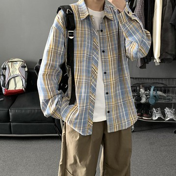 春秋季新款長袖格子襯衫男寬松百搭休閑棉麻青少年襯衣潮牌港風鑫弘-衣錦男裝