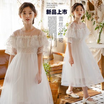 女童蕾絲連衣裙夏季新款中大童韓版洋氣刺繡網紗女孩公主裙白色
