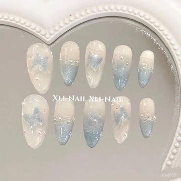 🤩加一超劃祘✨穿戴甲手工藍精靈夏日氛圍感純慾風蝴蝶美甲可拆卸指甲成品純手工穿戴甲 WAPC