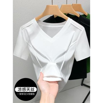 天絲t恤女白色打底內搭純棉V領短袖魚骨修身高級感上衣夏2025新款