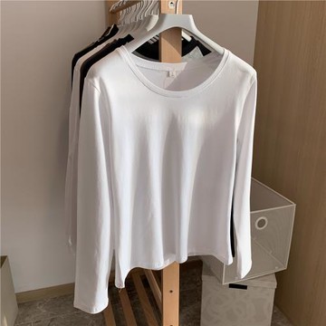 白色棉質正肩低領長袖T恤女秋季修身顯瘦圓領西裝內搭打底衫ins