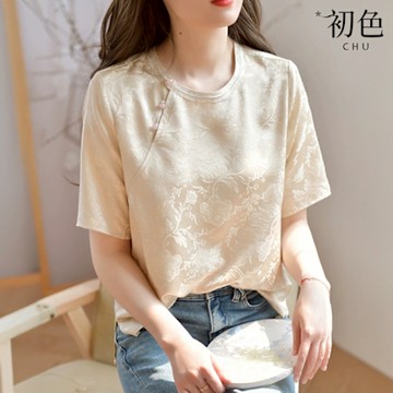 初色 新中式復古簡約印花緹花圓領短袖T恤上衣女上衣-杏色-12931(M-3XL可選)