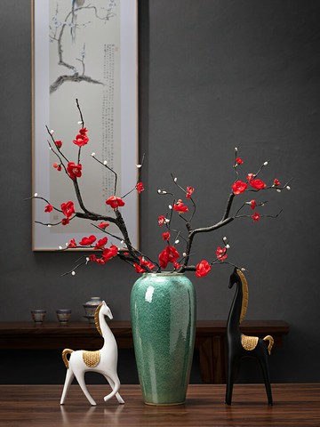 新中式裝飾品條案桌面玄關工藝品擺件插干花跳舞蘭綠色陶瓷花瓶