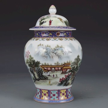 大清乾隆粉彩山水人家蓋罐 包老瓷器 舊貨老貨 古董古玩 收藏品