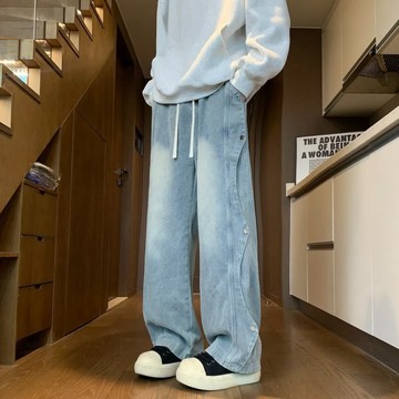 牛仔褲 男春秋美式複古長褲 寬鬆闊腿高街潮牌 百搭拼接痞帥直筒 休閑牛仔褲 牛仔褲 長褲 牛仔長褲 素面牛仔寬褲
