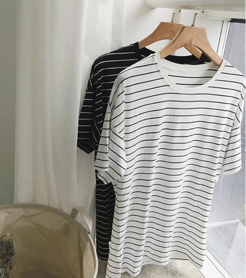 FINDSENSE MD 韓國 潮 男 時尚 休閒 圓領 寬鬆 五分袖 肩字母刺繡 條紋 短袖T恤 特色短T 條紋T