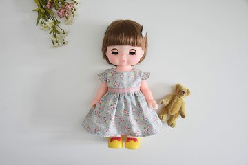 公仔衫套裝 小花邊袖腰帶碎花裙連連小髮夾 - 灰綠底玫瑰碎花