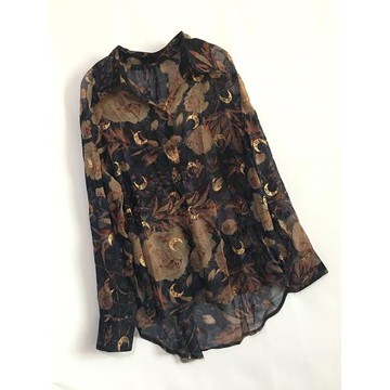 2025民族風氣質雪紡繪金花設計感襯衣女春秋寬松翻領時尚襯衫