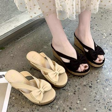 【白鳥麗子】楔型鞋 MIT甜美V帶蝴蝶結木紋厚底拖鞋 店長推薦