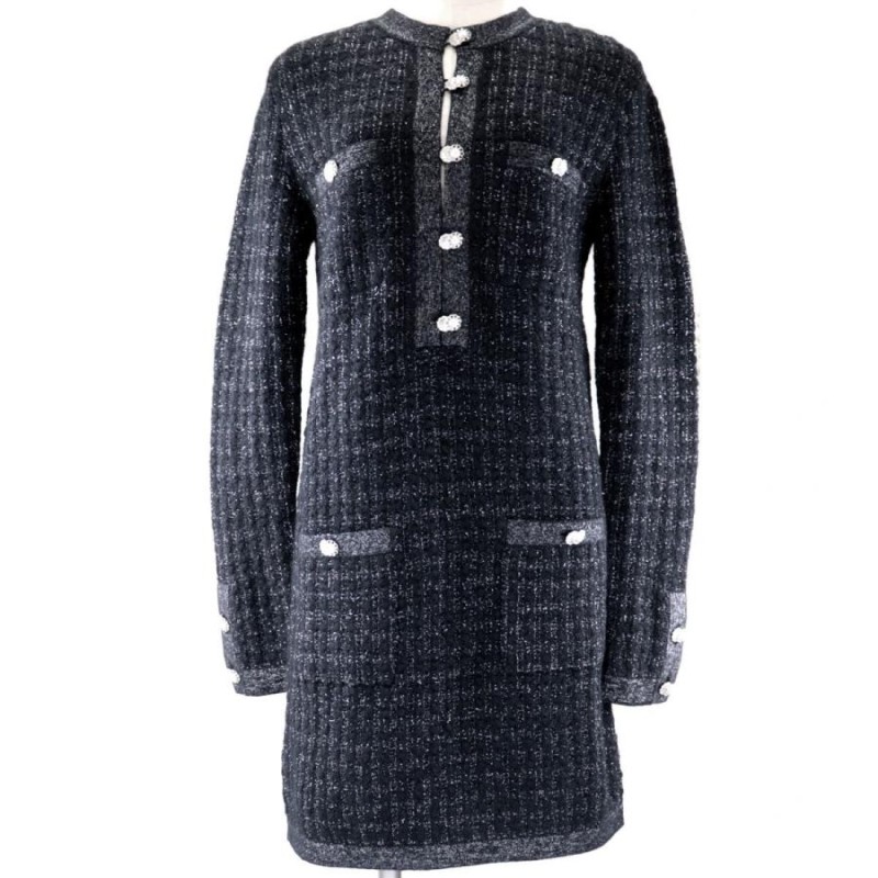 CHANEL ニットワンピース ココマーク メタルボタン 34 カシミヤ100
