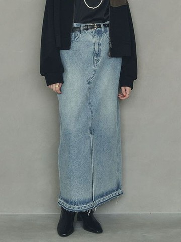 復古丹寧刷色感開岔剪裁長裙(07000849100) - YECCA VECCA