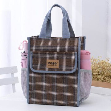 ins帆布手提袋女大容量手提包上班文件袋小清新格子飯盒袋便當包