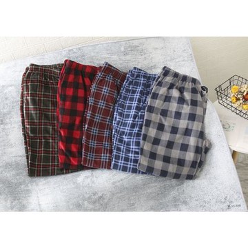 外貿珊瑚絨男加肥加大碼加厚胖子寬松休閑格子系帶睡褲家居長褲B2