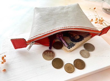 日本橘子橙拼純白壓紋 / 皮革化妝袋 / 皮革小物包