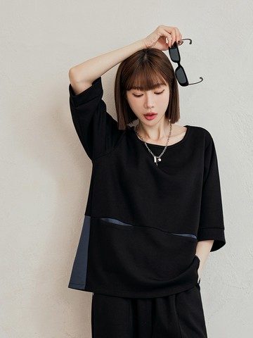 圓領撞色造型口袋五分袖寬鬆上衣