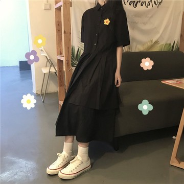 短袖連衣裙女學生韓版寬松中長裙學院風繡花拼接A字裙夏新款【倪醬】