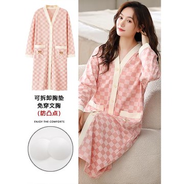 長袖睡裙女春秋款秋季純棉帶胸墊睡衣孕婦防凸點夏季中長款家居服