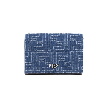 FENDI FF Logo 棉質牛仔布及皮革對開厚款卡片夾/名片夾(單寧藍)
