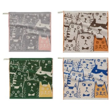 星紅織品 可愛胖胖貓雙面圖案純棉方巾 4件組 30x30cm  綠色 + 藍色 + 咖啡色 + 淺灰色  1組