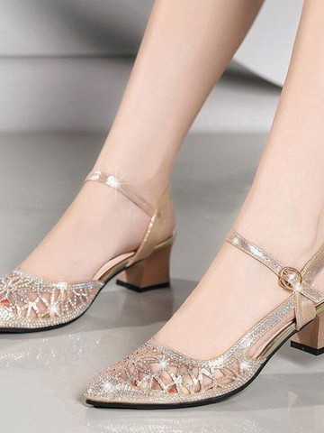 軟皮夏季新款包頭女鞋中跟網紗涼鞋女尖頭粗跟水鉆中空單鞋2