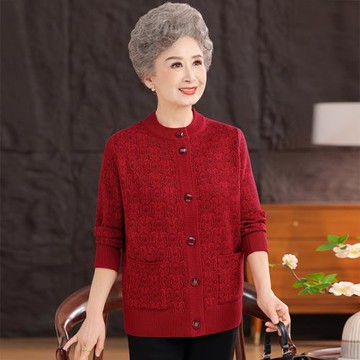 奶奶秋裝外套女中老年人針織開衫媽媽圓領長袖毛衣老人秋冬款衣服