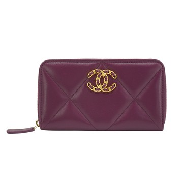 Chanel 19 金雙C logo羊皮拉鍊中夾(AP0948-紫)