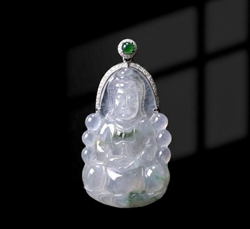 玻璃種飄花觀音菩薩項鍊18K金鑽石 | 天然緬甸玉翡翠A貨 | 送禮