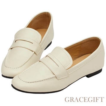 【Grace Gift】摩登便仕皮革平底樂福鞋 米白