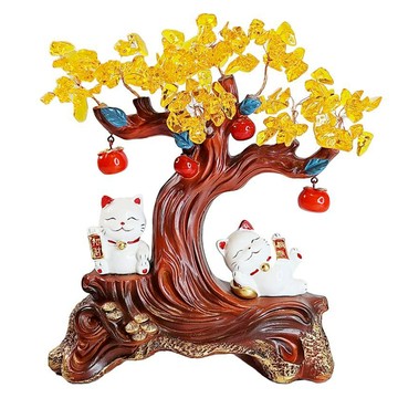 摩達客 開運招財情侶招財貓擺飾 金錢樹木紋 居家辦公室裝飾  白色/棕色  26 x 11.5 x 29cm