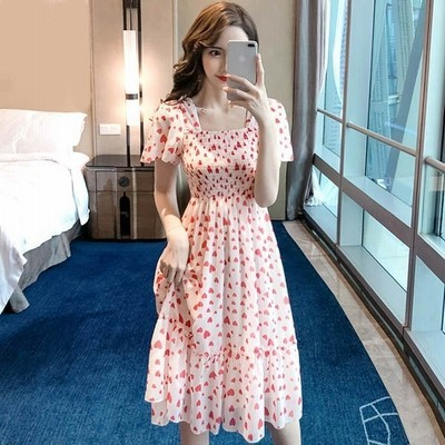 Heart 大人可愛い 夏ワンピース ワンピース スクエアネック ハート柄 袖あり 半袖 ミモレ丈 夏ワンピ ゴムウエスト Aライン レディース 通販 Lineポイント最大get Lineショッピング