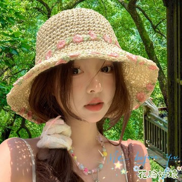田園風 夏季 編織 草帽 新款 海邊 度假 遮陽 小花朵 太陽 漁夫 草帽子 可愛 時尚