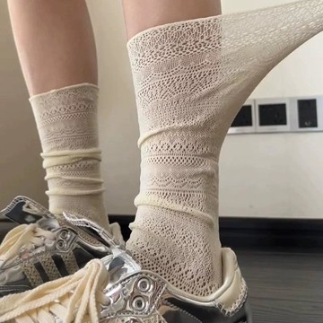 特價💡夏季薄純色縷空襪子女高筒襪及膝蕾絲小腿堆堆襪女顯瘦黑白色女襪透氣不悶腳中筒襪 不起球白色襪子 超耐用襪子女 92O