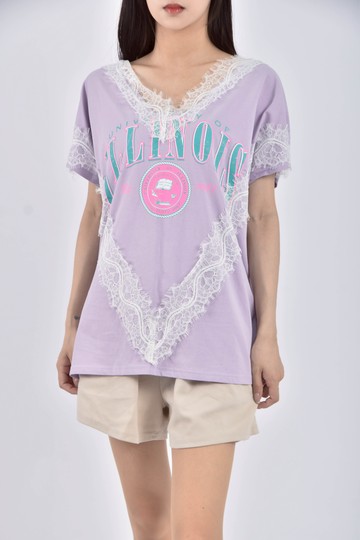 (L) mari co韓牌質感棉質V領印花紫色短袖上衣