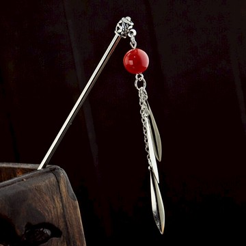 復古發飾紅瑪瑙流蘇葉片古典發簪女流蘇步搖盤發民族風女生日禮品